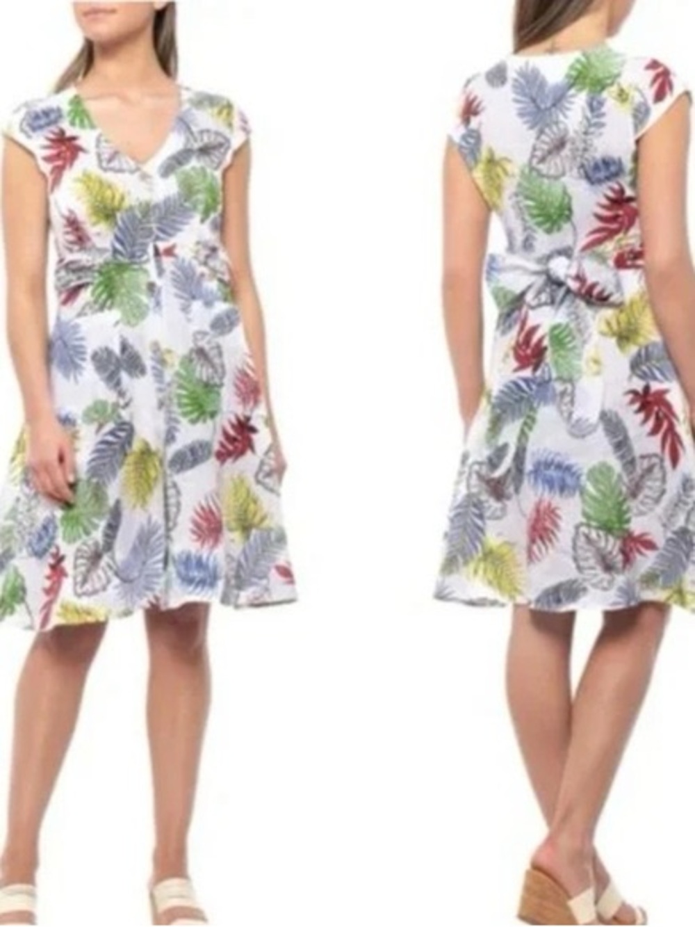 Alessia Pacini 100% Linen Dress with Colorful Leaf Print, Tie Belt, Button Down